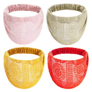 4Pcs Lace Elastic Headbands Wide Lace Stretchy Headband Boho Lace Elastic Headwrap for Women Girls(Random Color)