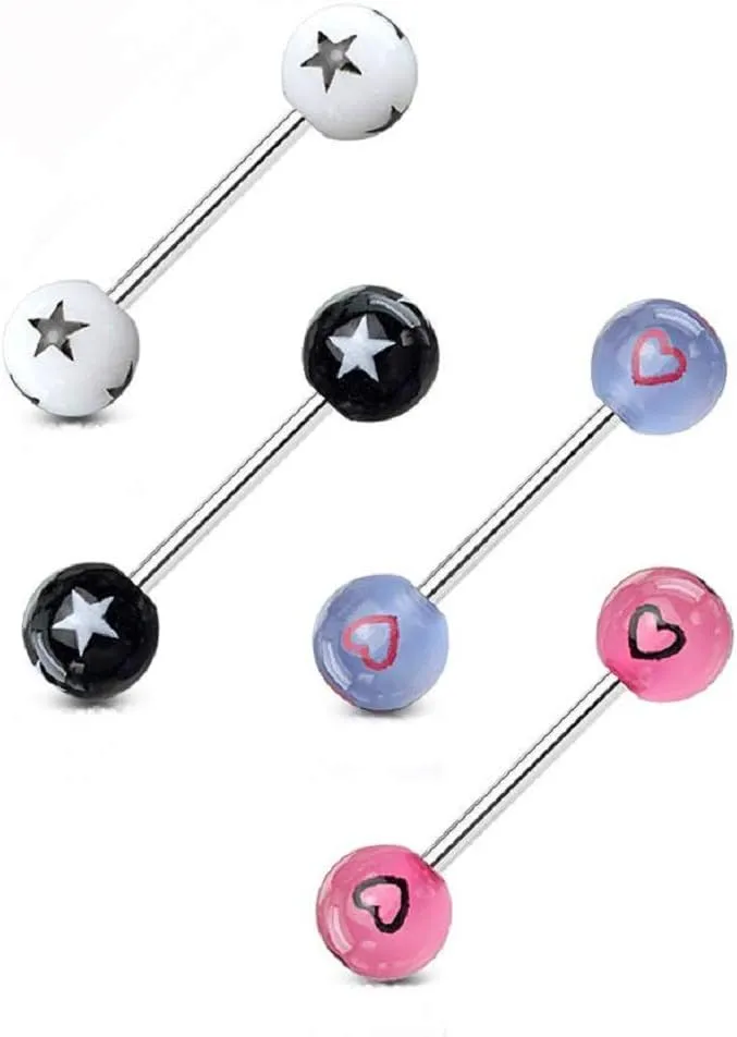 (4pcs) Stars or Hearts Patterned Acrylic Ball Tongue Barbells