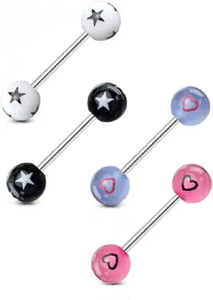 (4pcs) Stars or Hearts Patterned Acrylic Ball Tongue Barbells