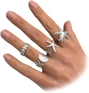 4Pcs Statement Gold Seashell Starfish Rings for Women, Boho Dainty Beachy Sea Shell Star Open Ring Set Stackable Non Tarnish Beach Party Jewelry Gift Accessories