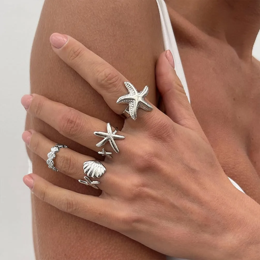 4Pcs Statement Gold Seashell Starfish Rings for Women, Boho Dainty Beachy Sea Shell Star Open Ring Set Stackable Non Tarnish Beach Party Jewelry Gift Accessories