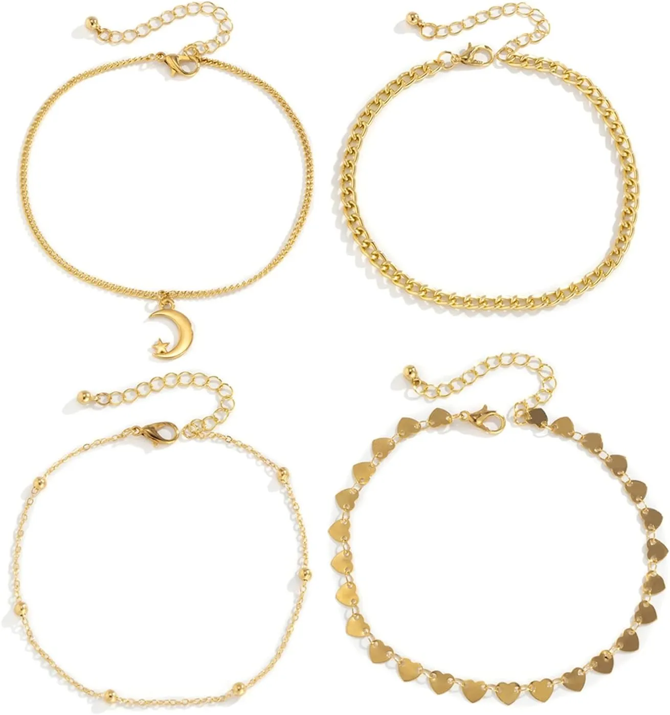 4Pcs Women Adjustable Beach Layered Ankle Bracelets Moon Heart Anklets Beach Anklet Adjustable Foot Jewelry for Girls