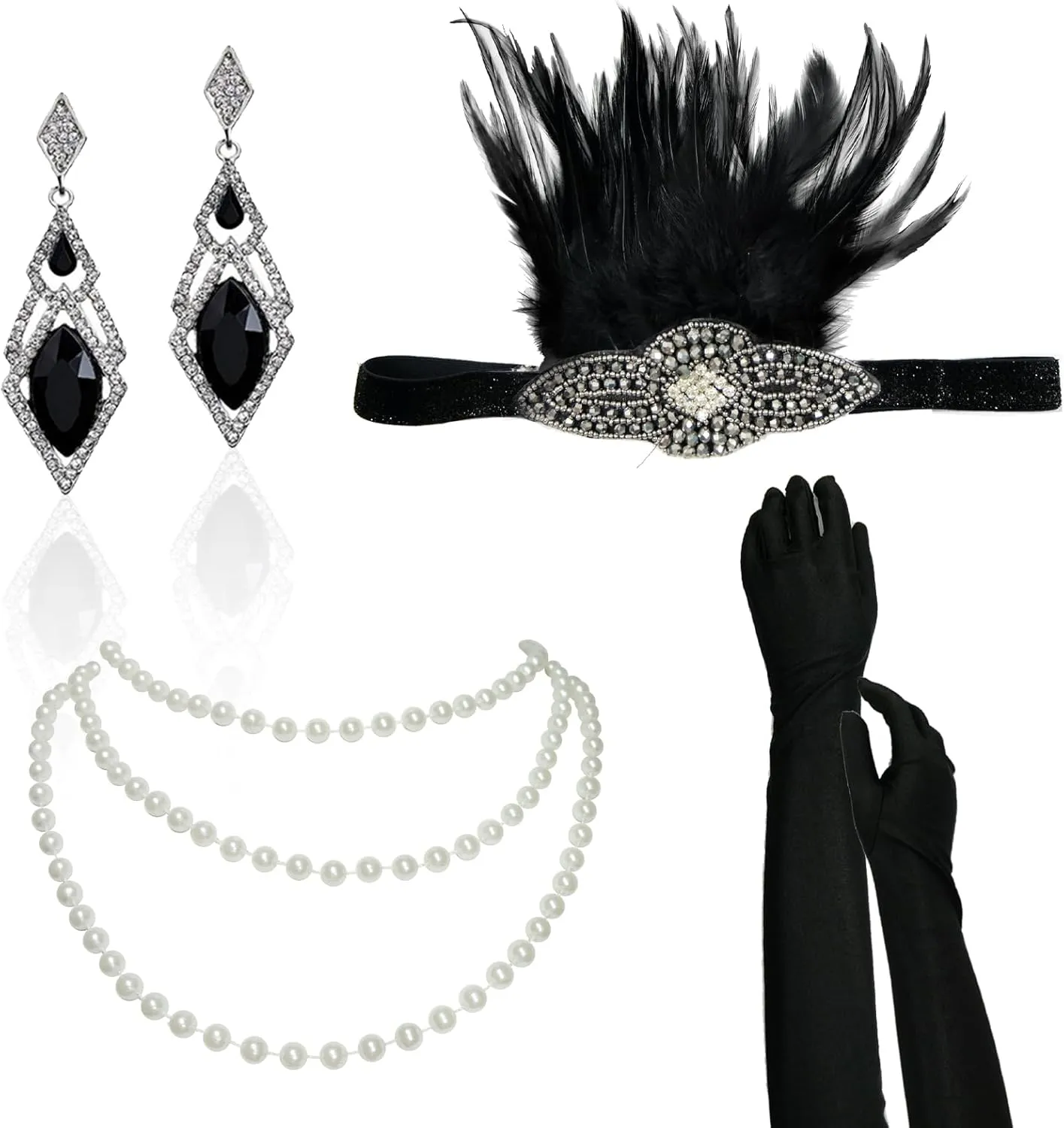 4PCS Womens 1920s Masquerade Vintage Costume Accessories Set Feather Headpiece Pearl Necklace Gloves Earrings