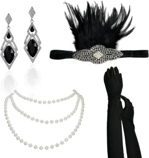 4PCS Womens 1920s Masquerade Vintage Costume Accessories Set Feather Headpiece Pearl Necklace Gloves Earrings