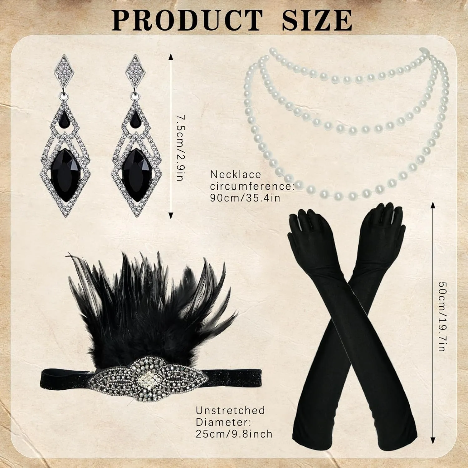 4PCS Womens 1920s Masquerade Vintage Costume Accessories Set Feather Headpiece Pearl Necklace Gloves Earrings