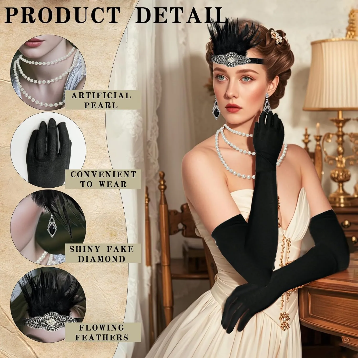 4PCS Womens 1920s Masquerade Vintage Costume Accessories Set Feather Headpiece Pearl Necklace Gloves Earrings