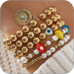 5 Pcs Cute Gold Beads Mushroom Bracelets Stackable Set for Women, Unique Dainty Devil's Eye Pearl Coin Bracelet Stylish Friendship Party Jewelry Gifts