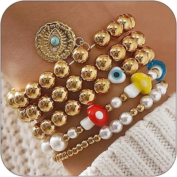 5 Pcs Cute Gold Beads Mushroom Bracelets Stackable Set for Women, Unique Dainty Devil's Eye Pearl Coin Bracelet Stylish Friendship Party Jewelry Gifts