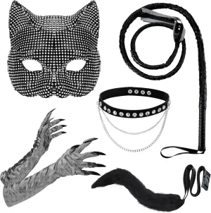 5 Pcs Halloween Cat Costume for Woman Rhinestone Cat Mask Tail Collar Choker Paw Gloves Black Leather Whip Woman Outfit Accessories for Fancy Dress Party Prop