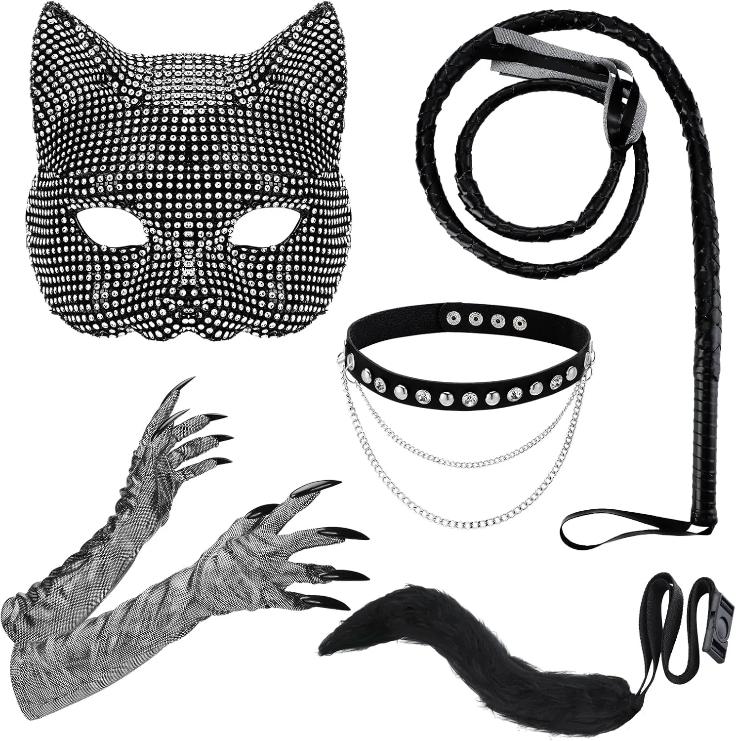 5 Pcs Halloween Cat Costume for Woman Rhinestone Cat Mask Tail Collar Choker Paw Gloves Black Leather Whip Woman Outfit Accessories for Fancy Dress Party Prop