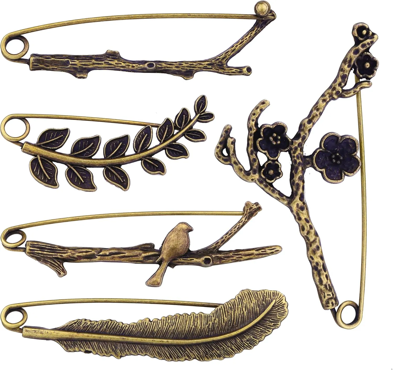 5 pcs Large Safety Pins for Women Brooch Vintage Shawl Pin Hat Pin Leaf Feather Bird Branch Ancient Bronze 5 Styles
