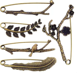 5 pcs Large Safety Pins for Women Brooch Vintage Shawl Pin Hat Pin Leaf Feather Bird Branch Ancient Bronze 5 Styles