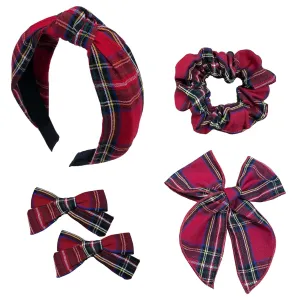 5 Pcs Plaid Headband With Hair Knotted Scrunchies Bow, Christmas Hair Bows Set, Padded Holiday Headband, Hair Clips Accessories for Women and Girls (Dark Red)