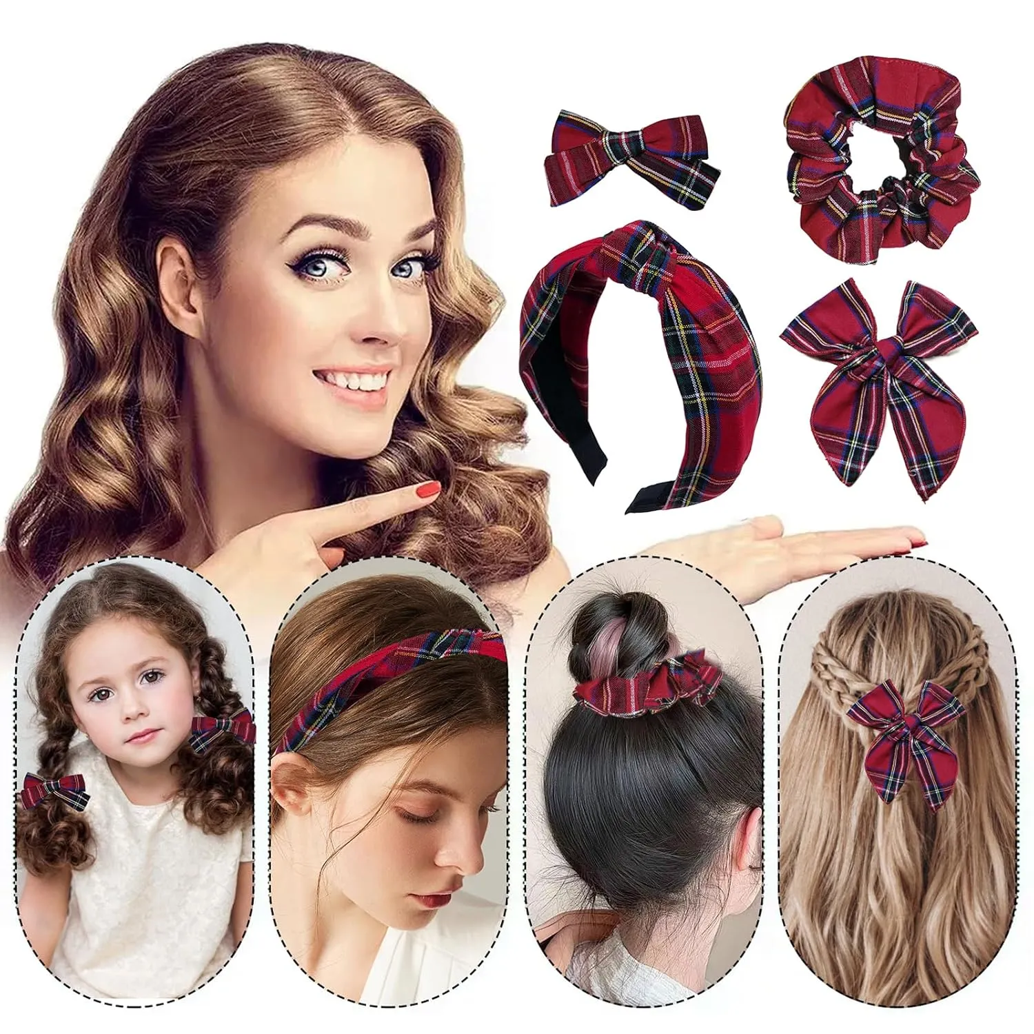 5 Pcs Plaid Headband With Hair Knotted Scrunchies Bow, Christmas Hair Bows Set, Padded Holiday Headband, Hair Clips Accessories for Women and Girls (Dark Red)