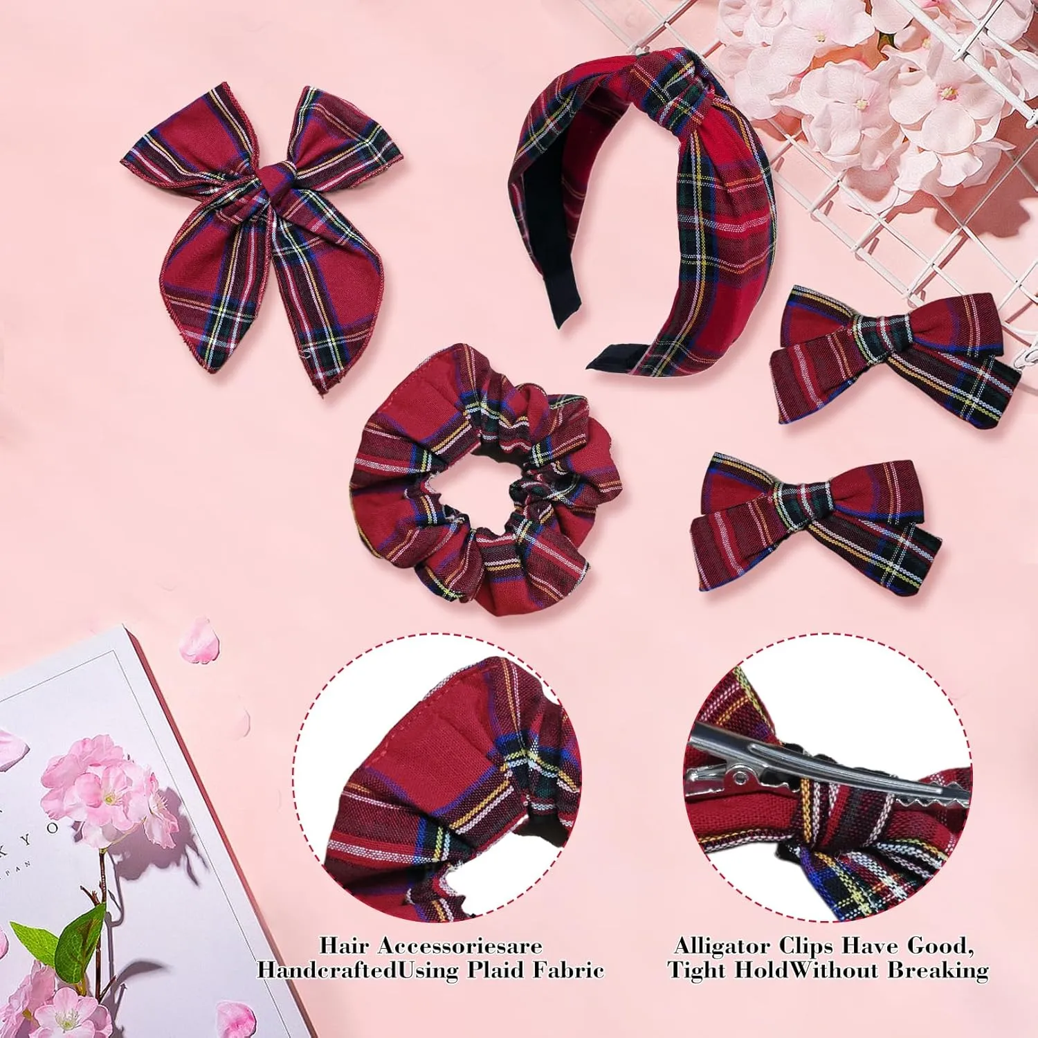 5 Pcs Plaid Headband With Hair Knotted Scrunchies Bow, Christmas Hair Bows Set, Padded Holiday Headband, Hair Clips Accessories for Women and Girls (Dark Red)