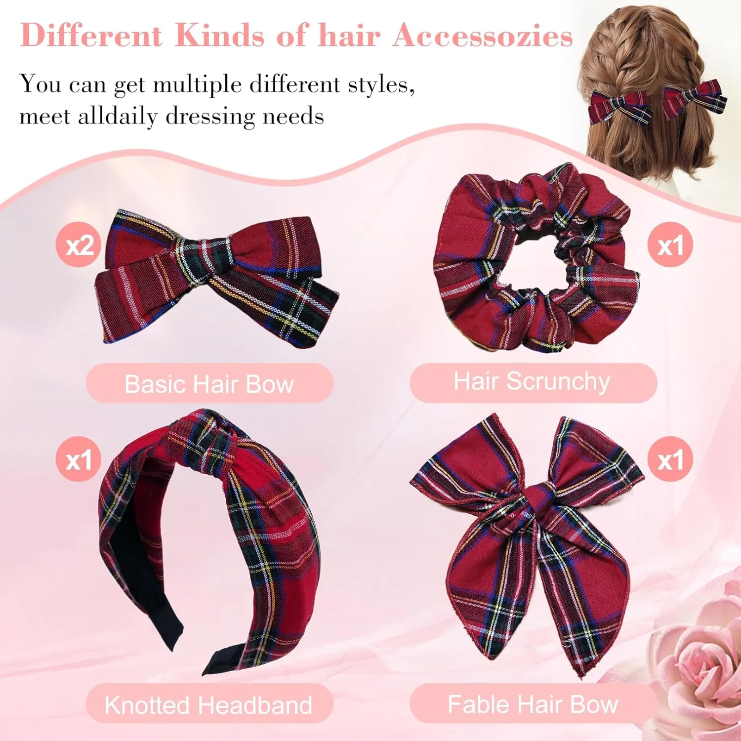 5 Pcs Plaid Headband With Hair Knotted Scrunchies Bow, Christmas Hair Bows Set, Padded Holiday Headband, Hair Clips Accessories for Women and Girls (Dark Red)