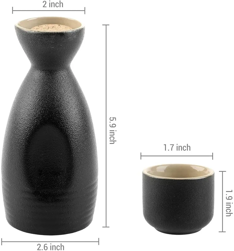 5 Piece Japanese Style Matte Black and Tan Ceramic Sake Set, Includes Carafe and 4 Glasses