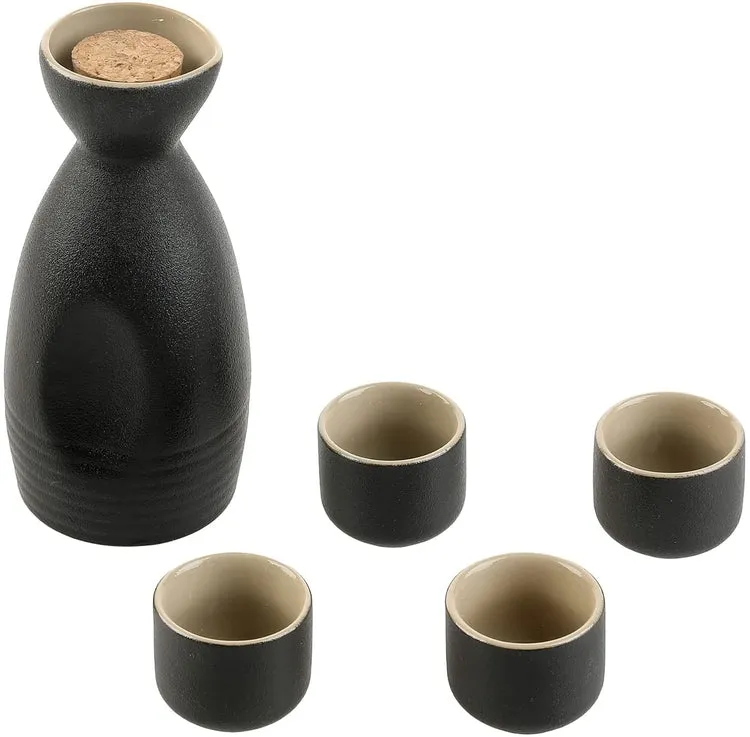 5 Piece Japanese Style Matte Black and Tan Ceramic Sake Set, Includes Carafe and 4 Glasses