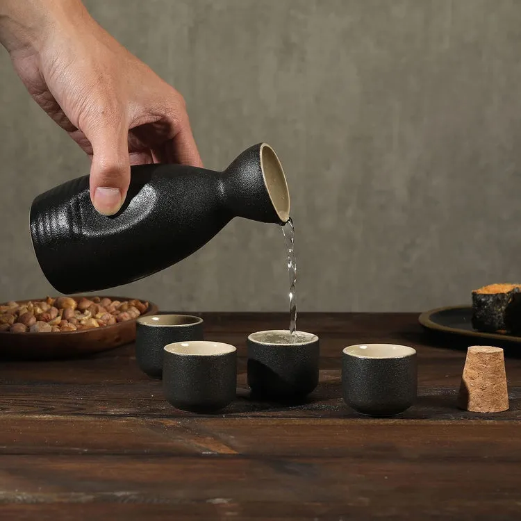 5 Piece Japanese Style Matte Black and Tan Ceramic Sake Set, Includes Carafe and 4 Glasses