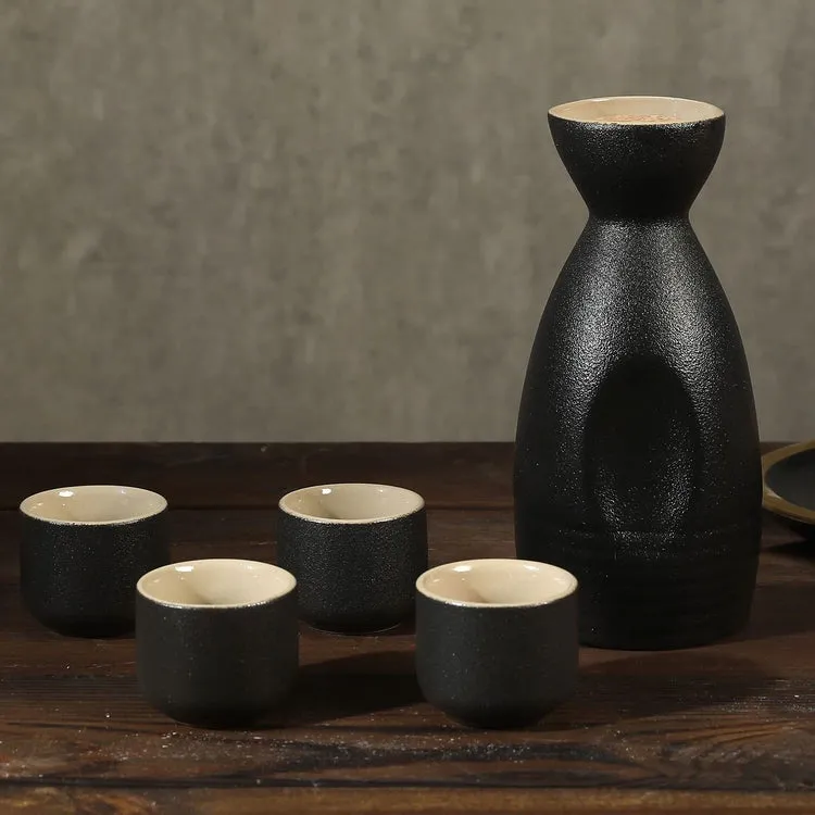 5 Piece Japanese Style Matte Black and Tan Ceramic Sake Set, Includes Carafe and 4 Glasses