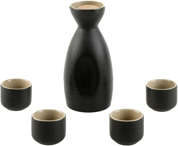 5 Piece Japanese Style Matte Black and Tan Ceramic Sake Set, Includes Carafe and 4 Glasses