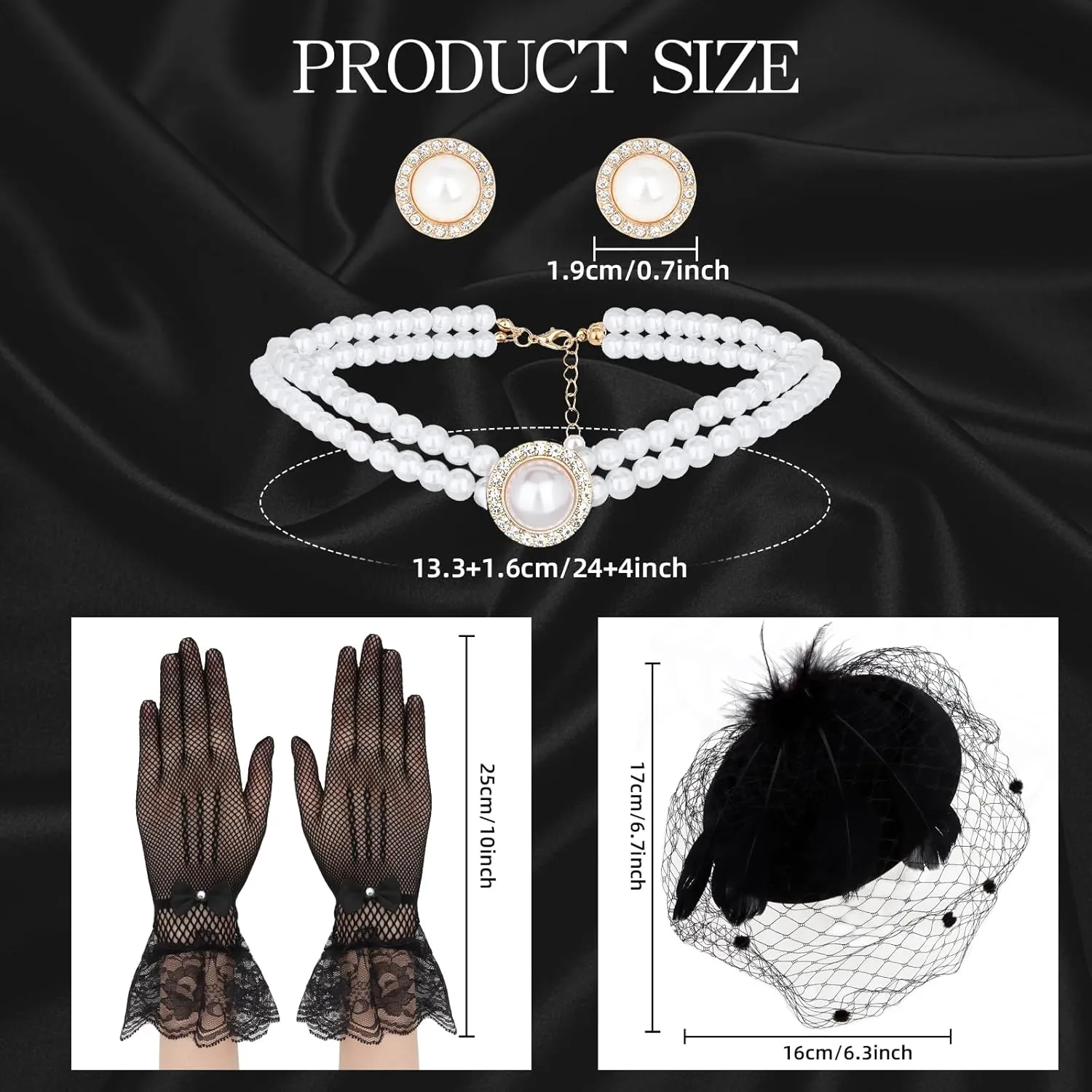 50s Fascinators Hats for Women 4PCS Derby Hat Vintage Tea Party Hats Headband Headwear with Lace Gloves Pearl Jewelry Set