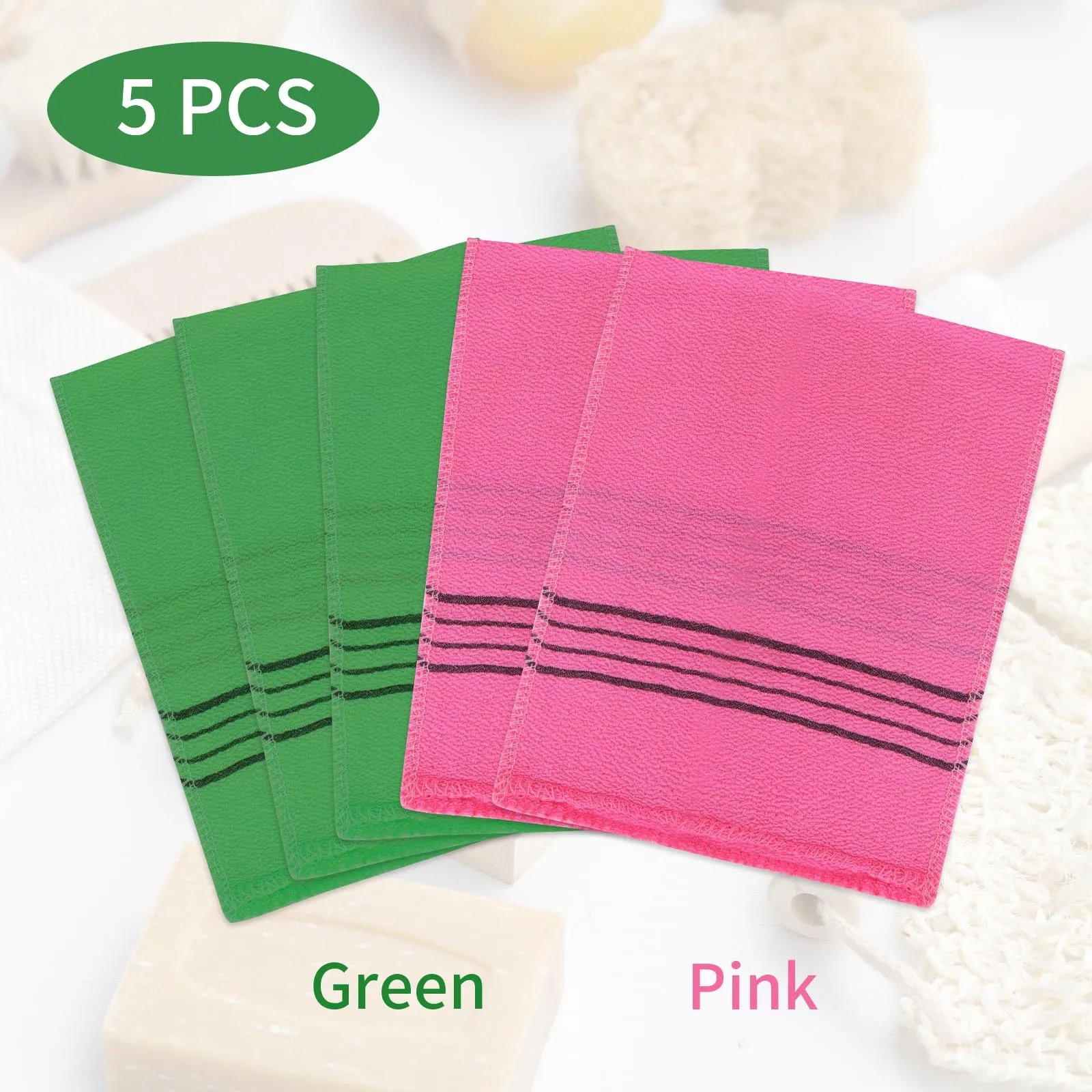 5pcs Asian Exfoliating Gloves Double Sided Korean Scrubbing Washcloth Italy Towel for Dead Skin Removal Callus Scrubber Shower Exfoliating Glove (Pink Green) 2 Pink, 3 Green