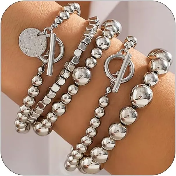 5Pcs Gold Beaded Coin Bracelets Stackable Set for Women Statement, Charm Silver OT Buckle Round Ball Beads Stretch Chain Bracelet Party Jewelry Gifts
