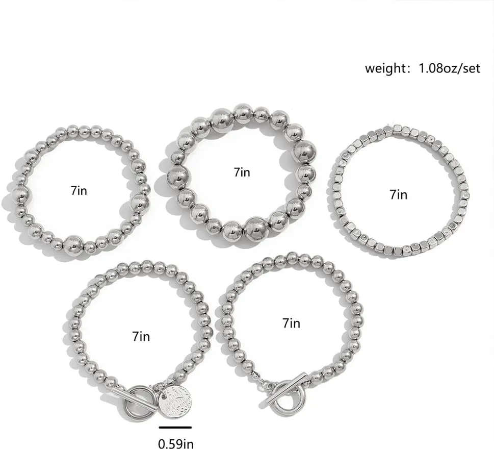 5Pcs Gold Beaded Coin Bracelets Stackable Set for Women Statement, Charm Silver OT Buckle Round Ball Beads Stretch Chain Bracelet Party Jewelry Gifts