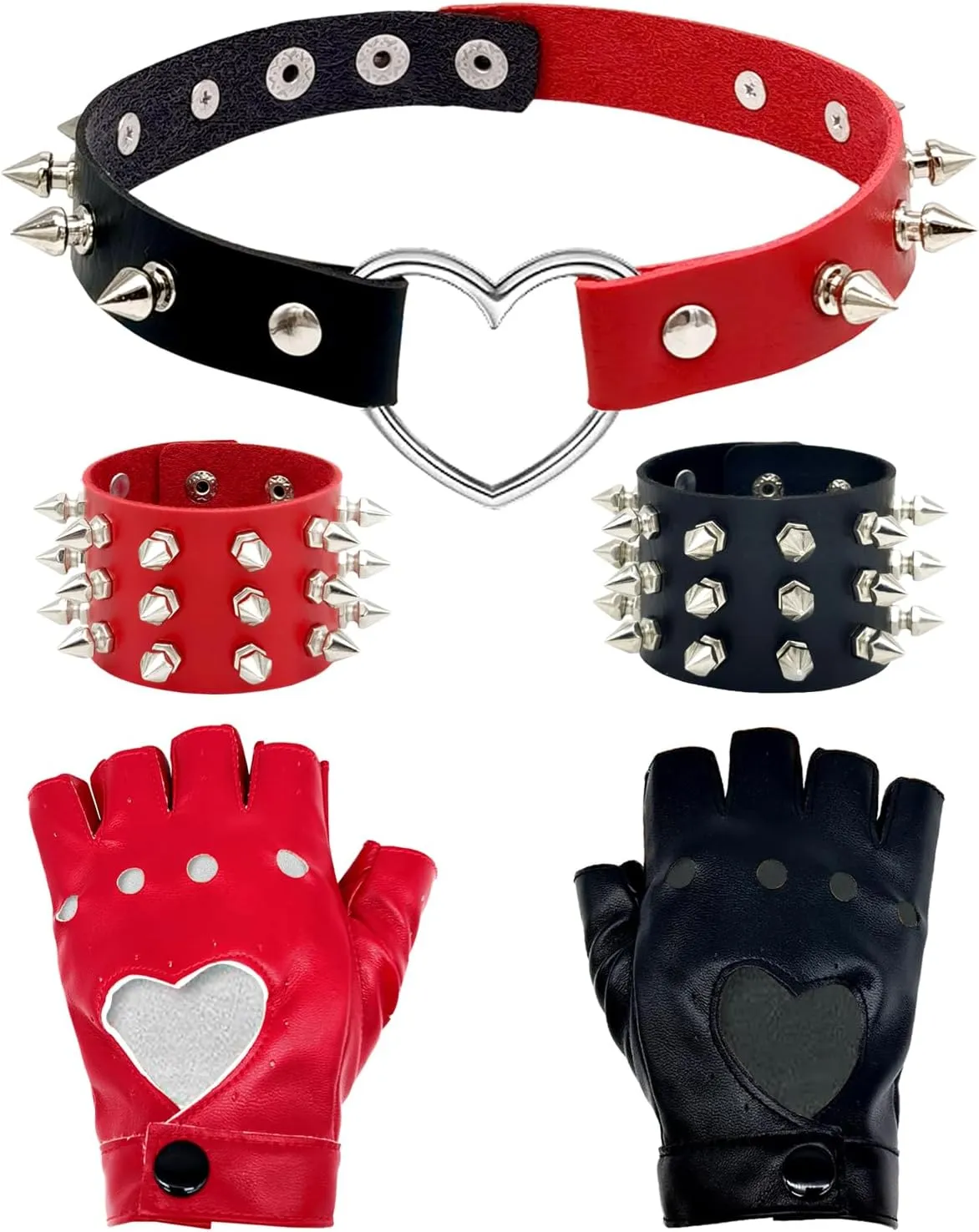 5Pcs Halloween Punk Costume Accessories Set PU Faux Leather Punk Collar Choker Necklace, Fingerless Glove, Goth Punk Rock Bracelets Wristband for Women Halloween Party Costume