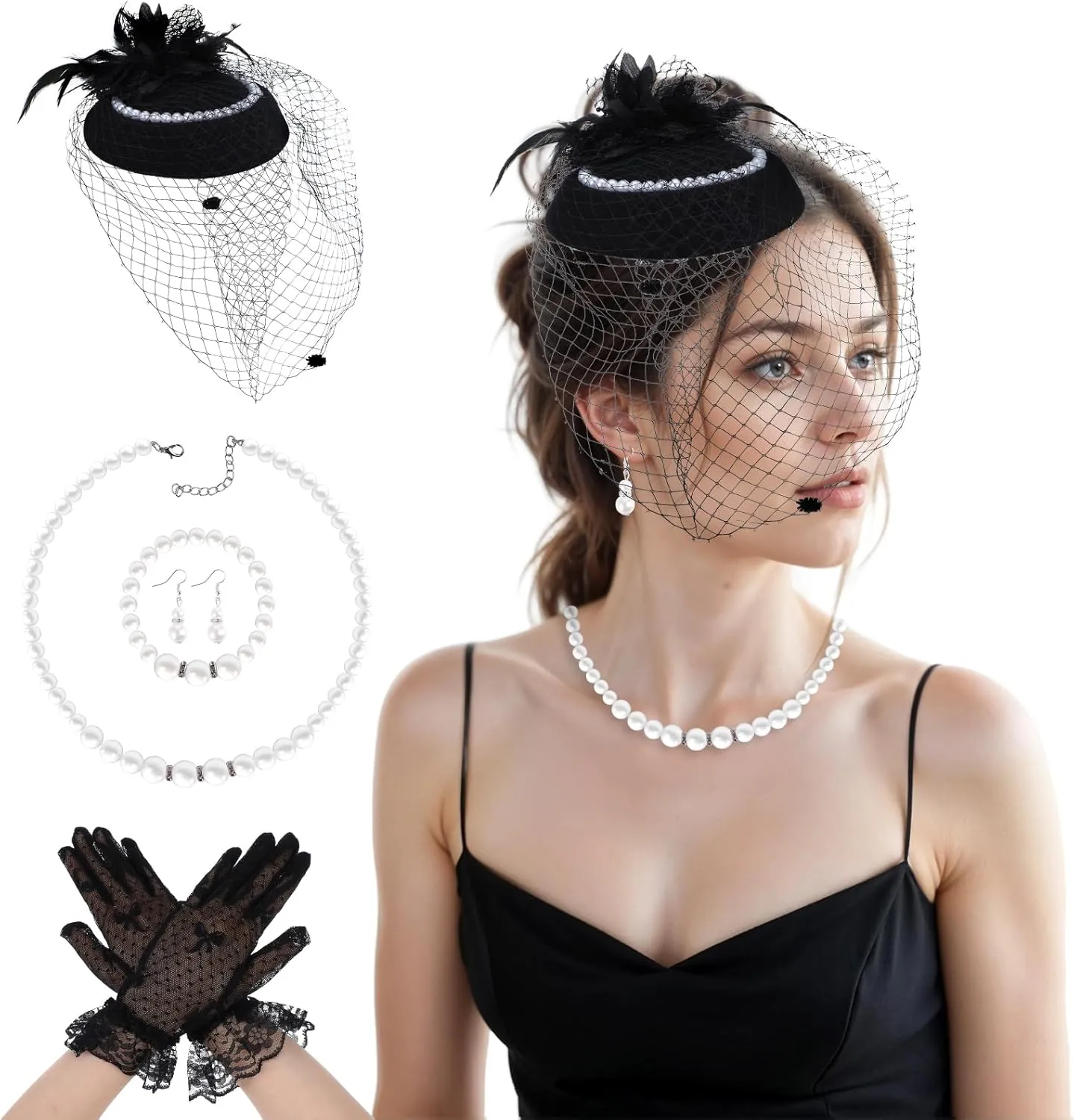 5Pcs Tea Party Fascinator Set for Women Headpiece Hat Fascinator Veil Gloves and Necklace Earrings for Women Bridal Wedding