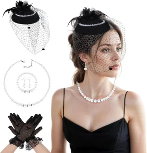 5Pcs Tea Party Fascinator Set for Women Headpiece Hat Fascinator Veil Gloves and Necklace Earrings for Women Bridal Wedding