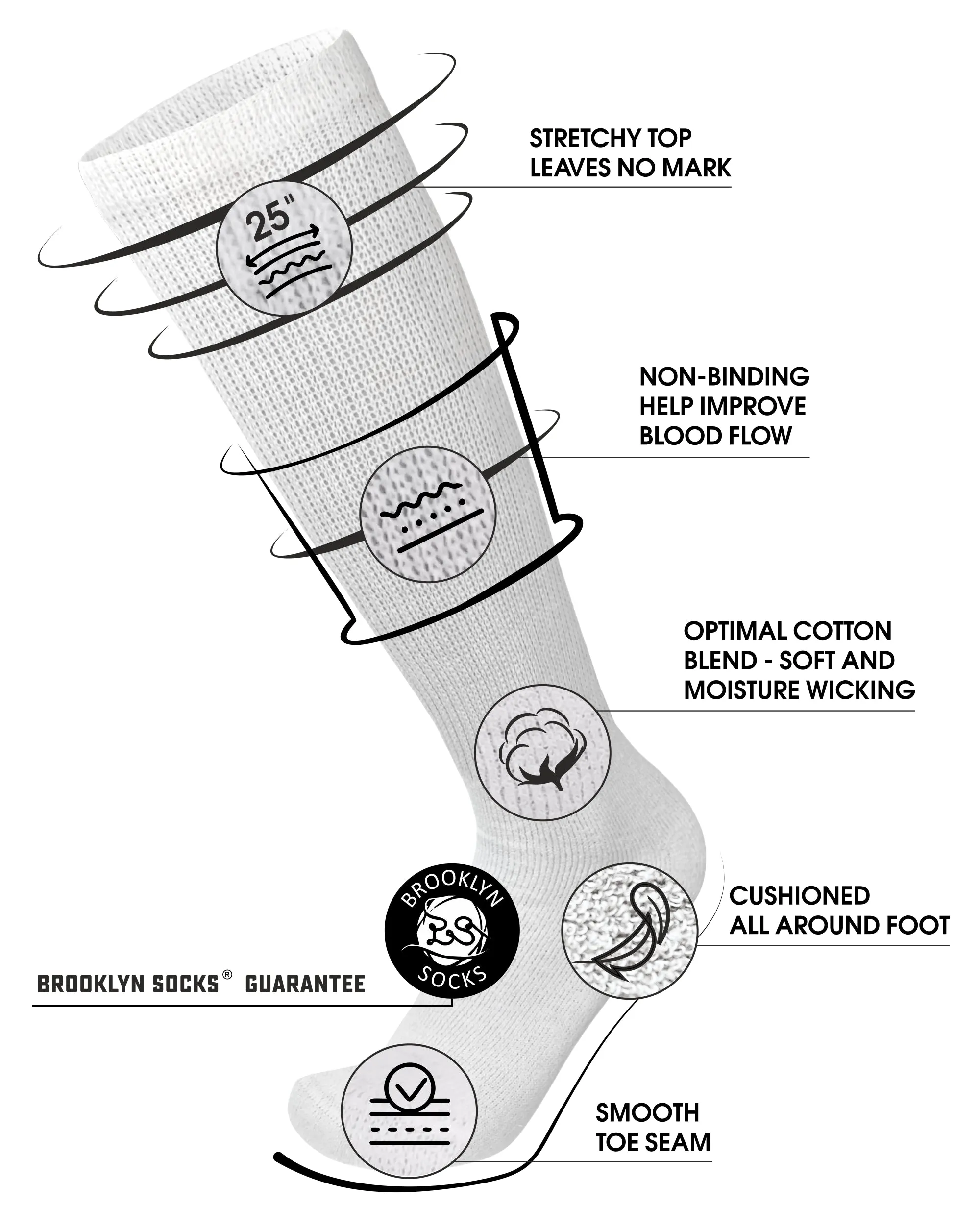 6  Pairs of Diabetic Over the Calf - Knee High Cotton Socks (White)