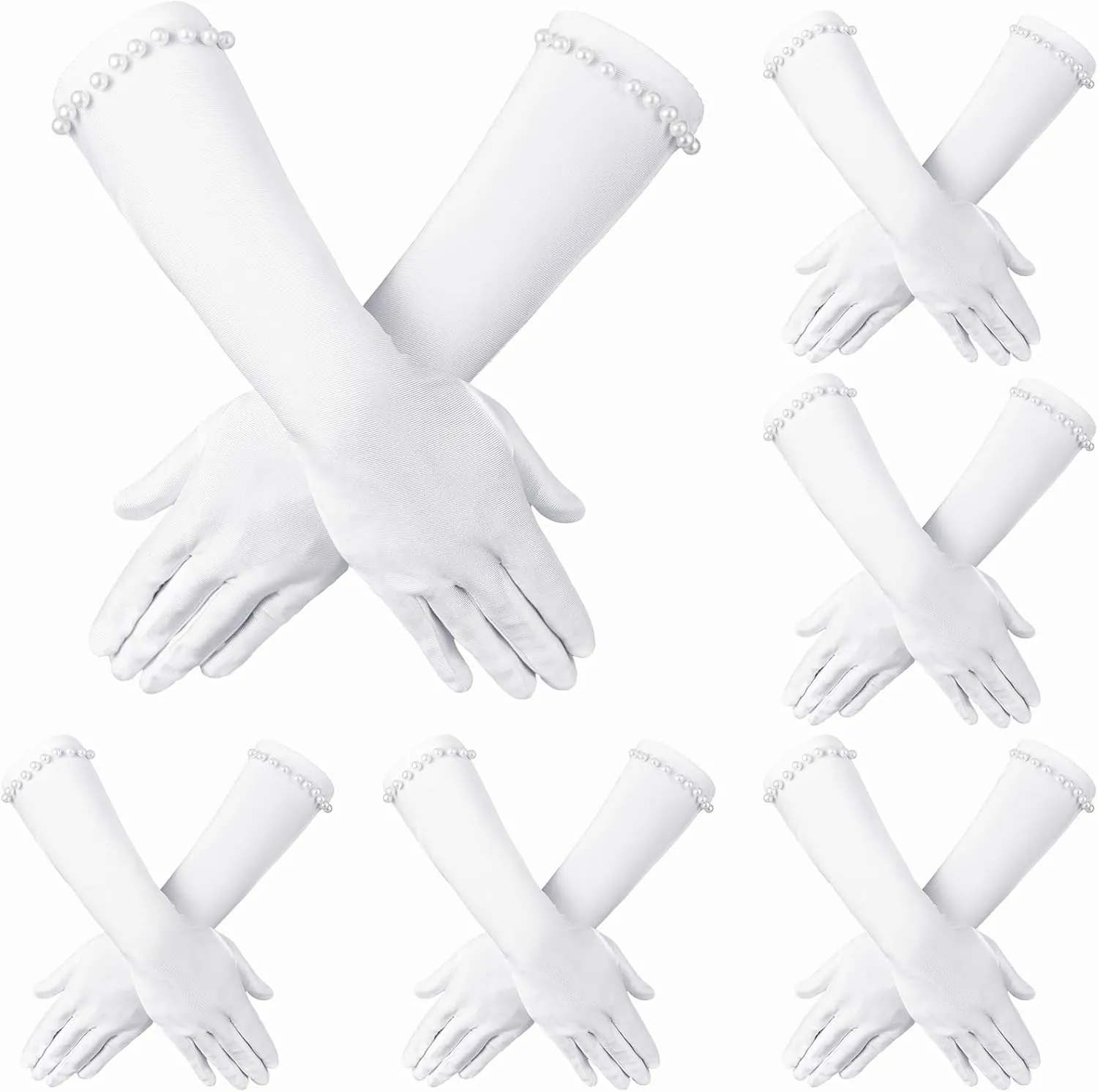 6 Pairs Princess Long Satin Gloves 15 Inch Elbow Length White Opera Gloves for Women Brides Wedding Birthday Party