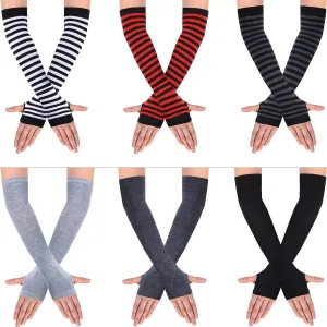 6 Pairs Women Long Fingerless Gloves Knit Arm Warmer Thumb Hole Stretchy Gloves Multi-color