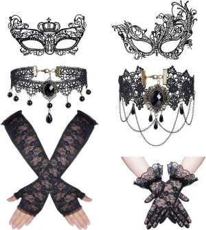 6 Pcs Halloween Masquerade Costumes Set Black Lace Gloves Lace Mask Eyemask Choker Necklace for Halloween Valentines Day Dress Up Party