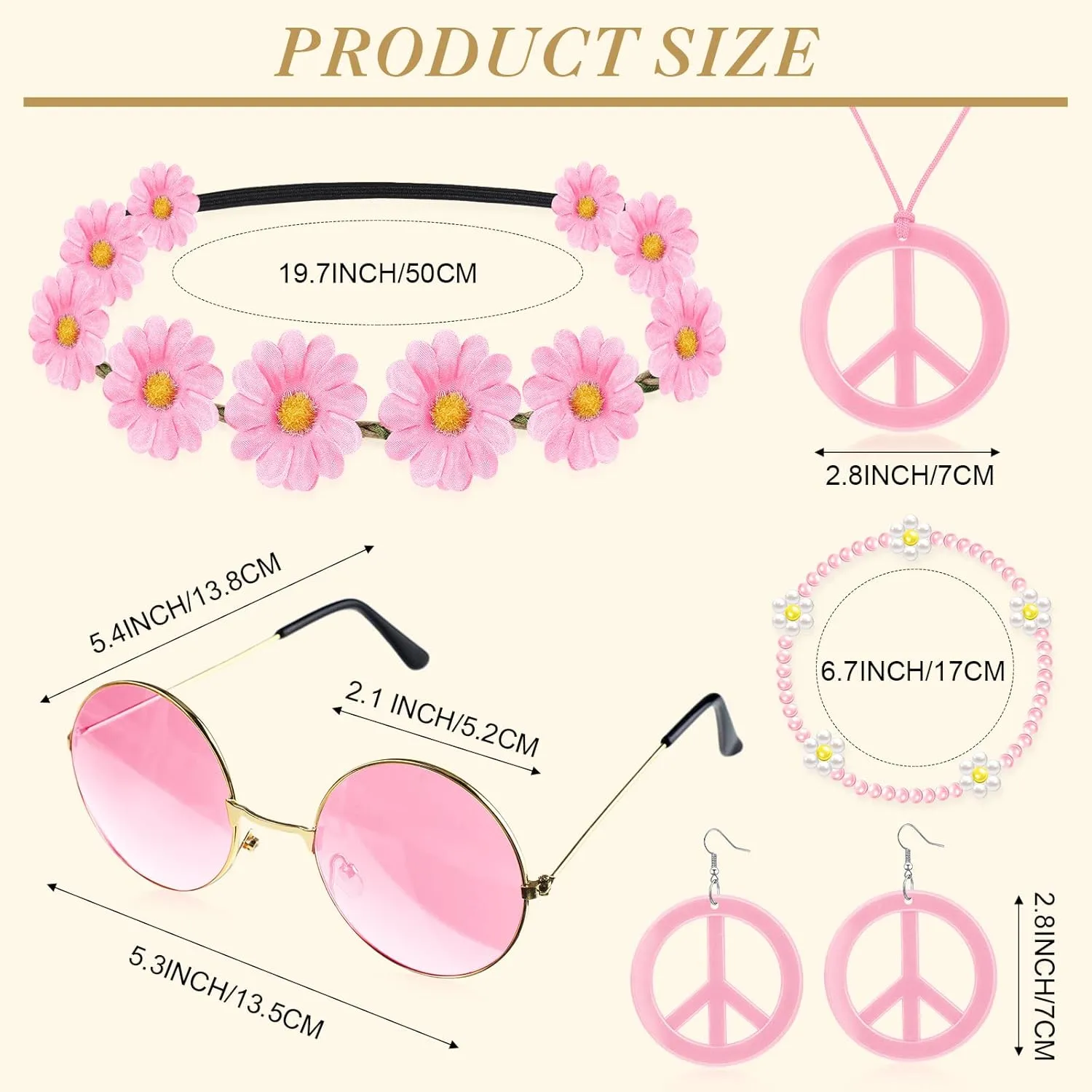 6 Pcs Hippie Costume Accessories Set, Boho Peace Sign Daisy Flower 60s 70s Party Favors Decorations for Groovy Party Girls
