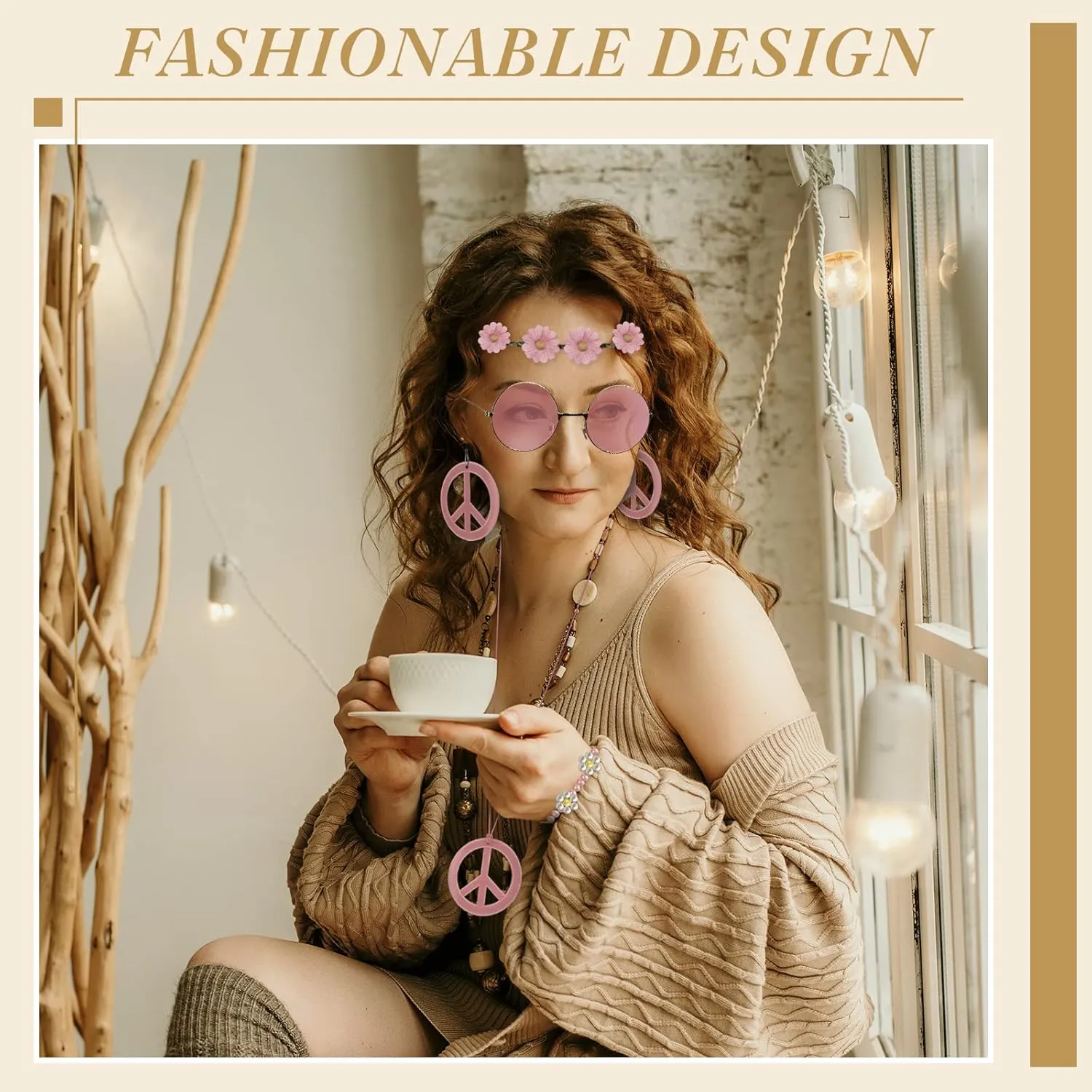 6 Pcs Hippie Costume Accessories Set, Boho Peace Sign Daisy Flower 60s 70s Party Favors Decorations for Groovy Party Girls