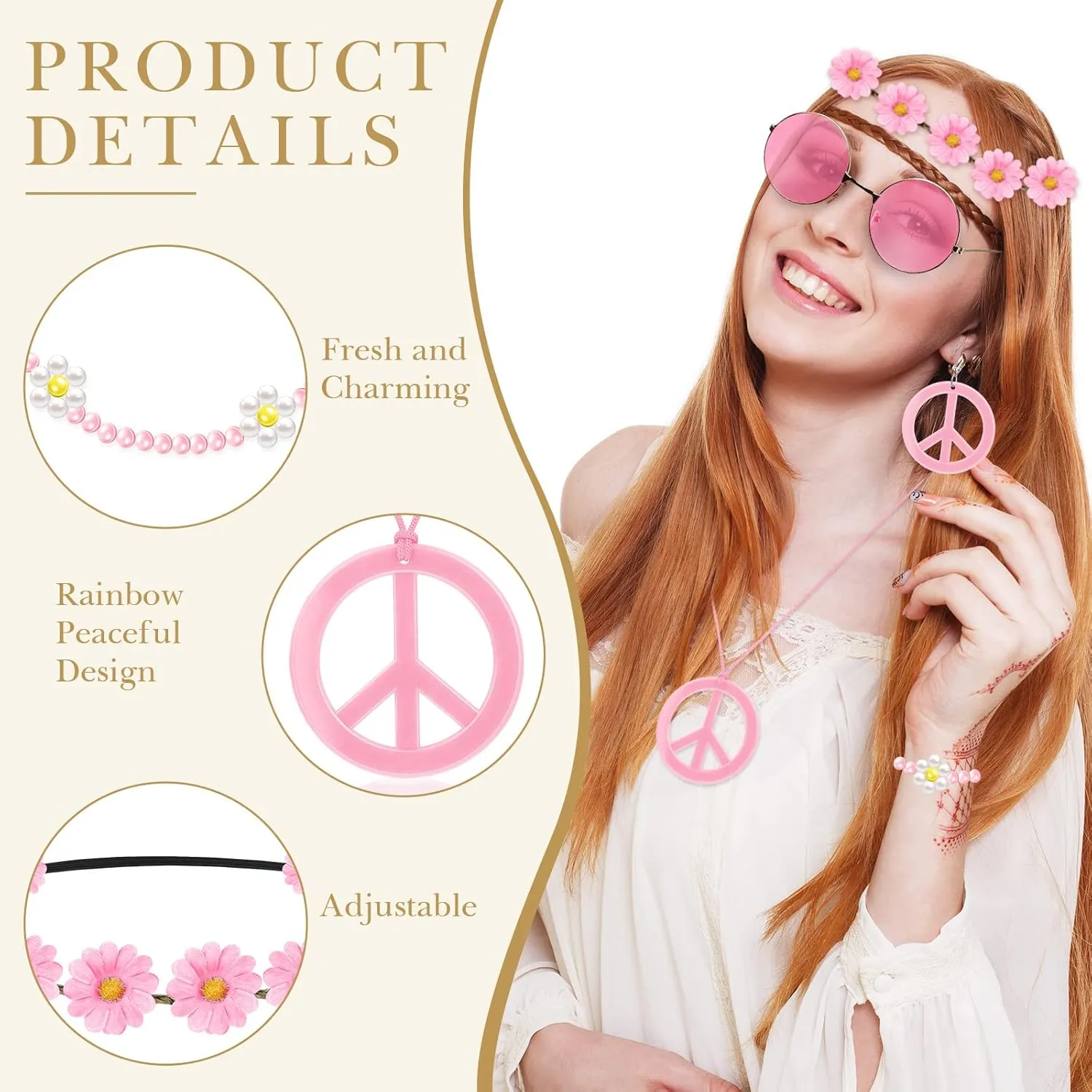 6 Pcs Hippie Costume Accessories Set, Boho Peace Sign Daisy Flower 60s 70s Party Favors Decorations for Groovy Party Girls