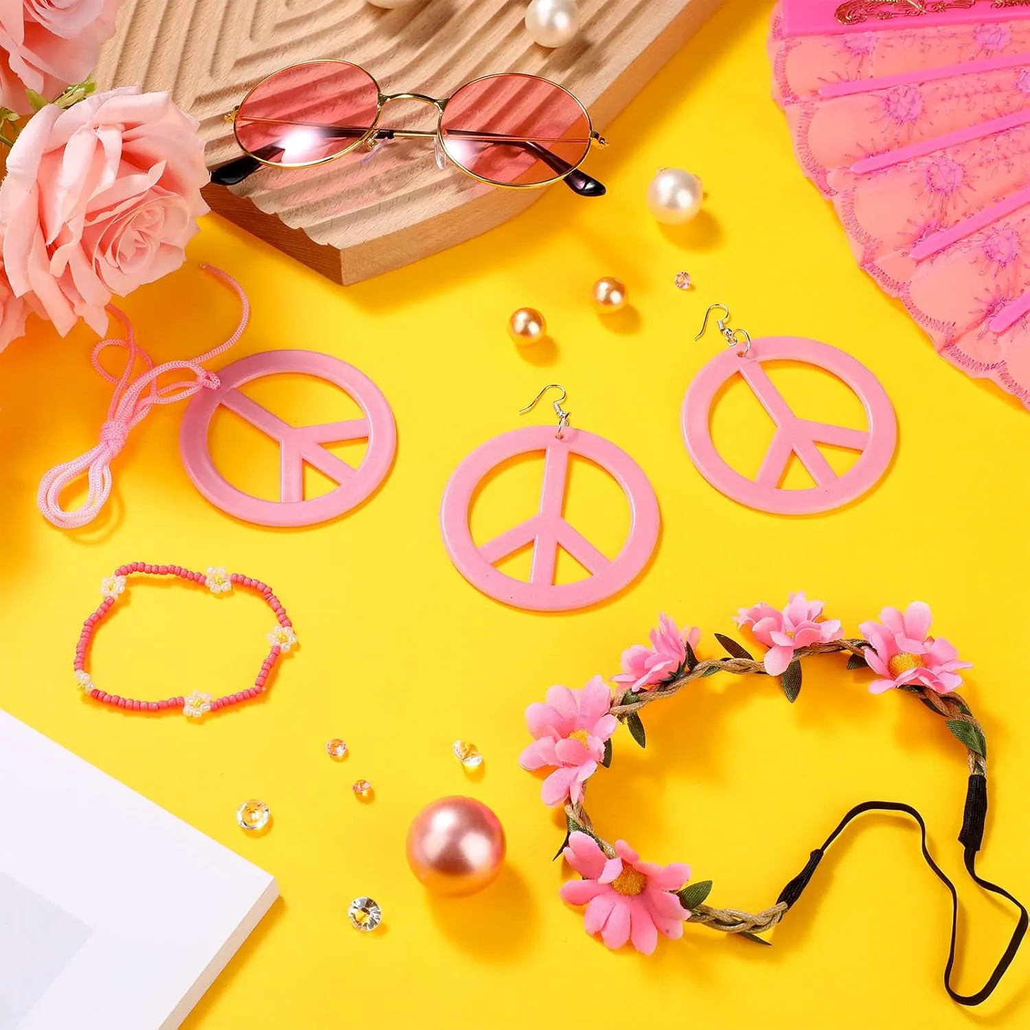 6 Pcs Hippie Costume Accessories Set, Boho Peace Sign Daisy Flower 60s 70s Party Favors Decorations for Groovy Party Girls