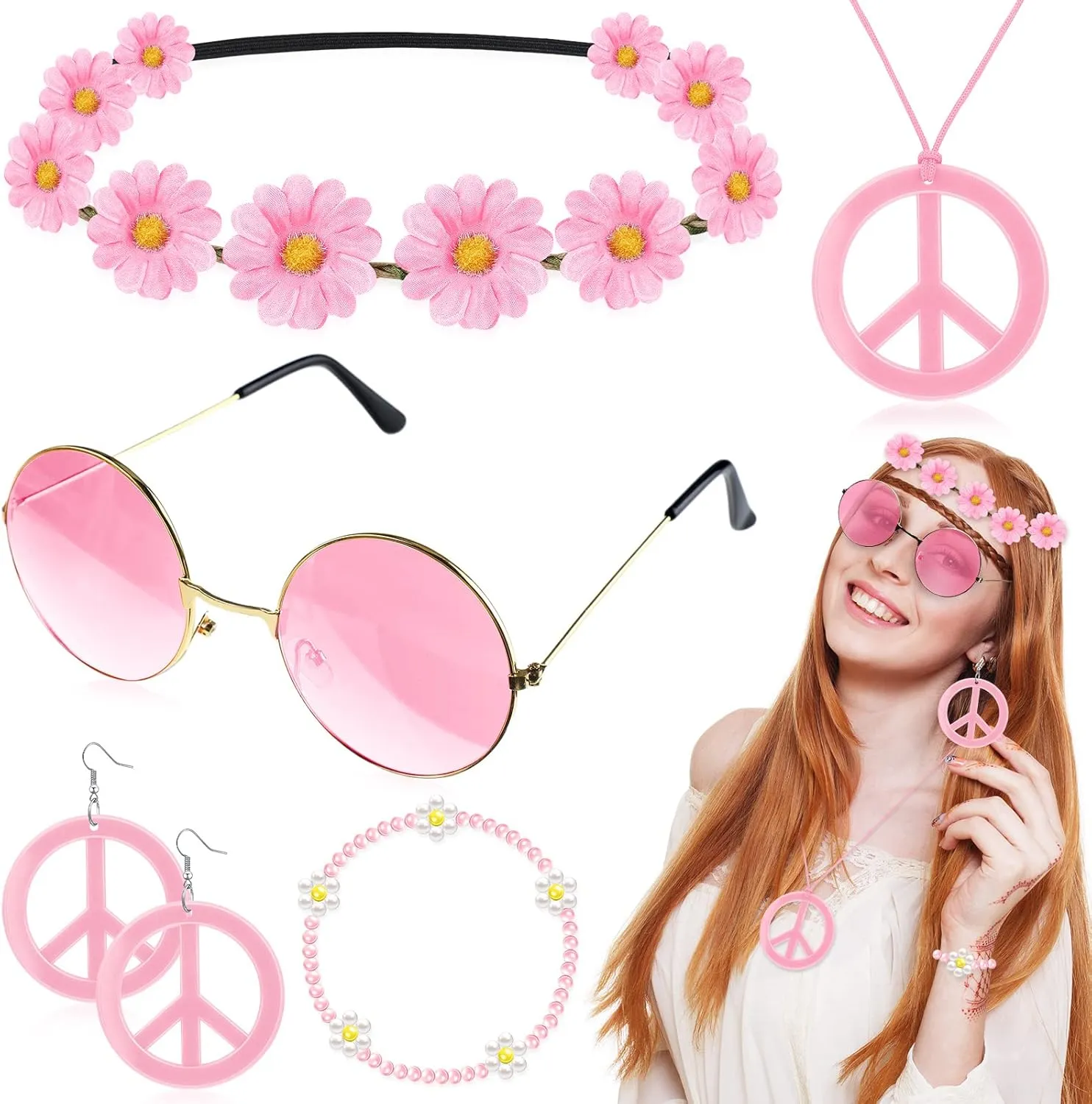 6 Pcs Hippie Costume Accessories Set, Boho Peace Sign Daisy Flower 60s 70s Party Favors Decorations for Groovy Party Girls