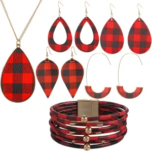 6 Pieces Christmas Plaid Print Jewelry Set Christmas Plaid Multi-Layer Bracelet Buffalo Plaid Faux Leather Dangle Earrings Waterdrop Pendant Necklace for Women Christmas Jewelry Accessories