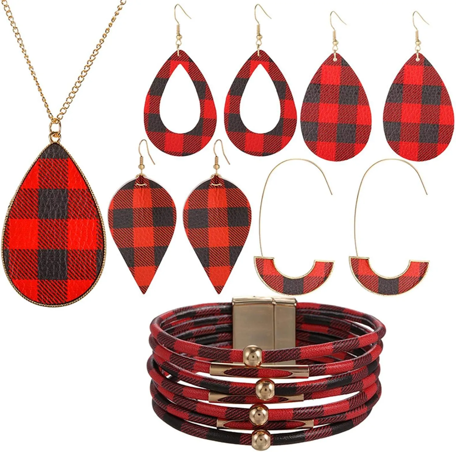 6 Pieces Christmas Plaid Print Jewelry Set Christmas Plaid Multi-Layer Bracelet Buffalo Plaid Faux Leather Dangle Earrings Waterdrop Pendant Necklace for Women Christmas Jewelry Accessories