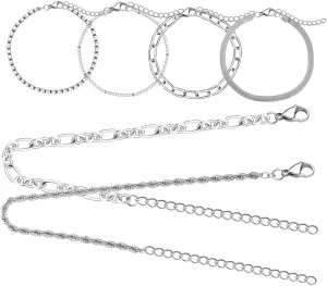 6pc Set Women's Stackable Silver Anklet Infinity Bracelets Minimalist Wrist Jewelry