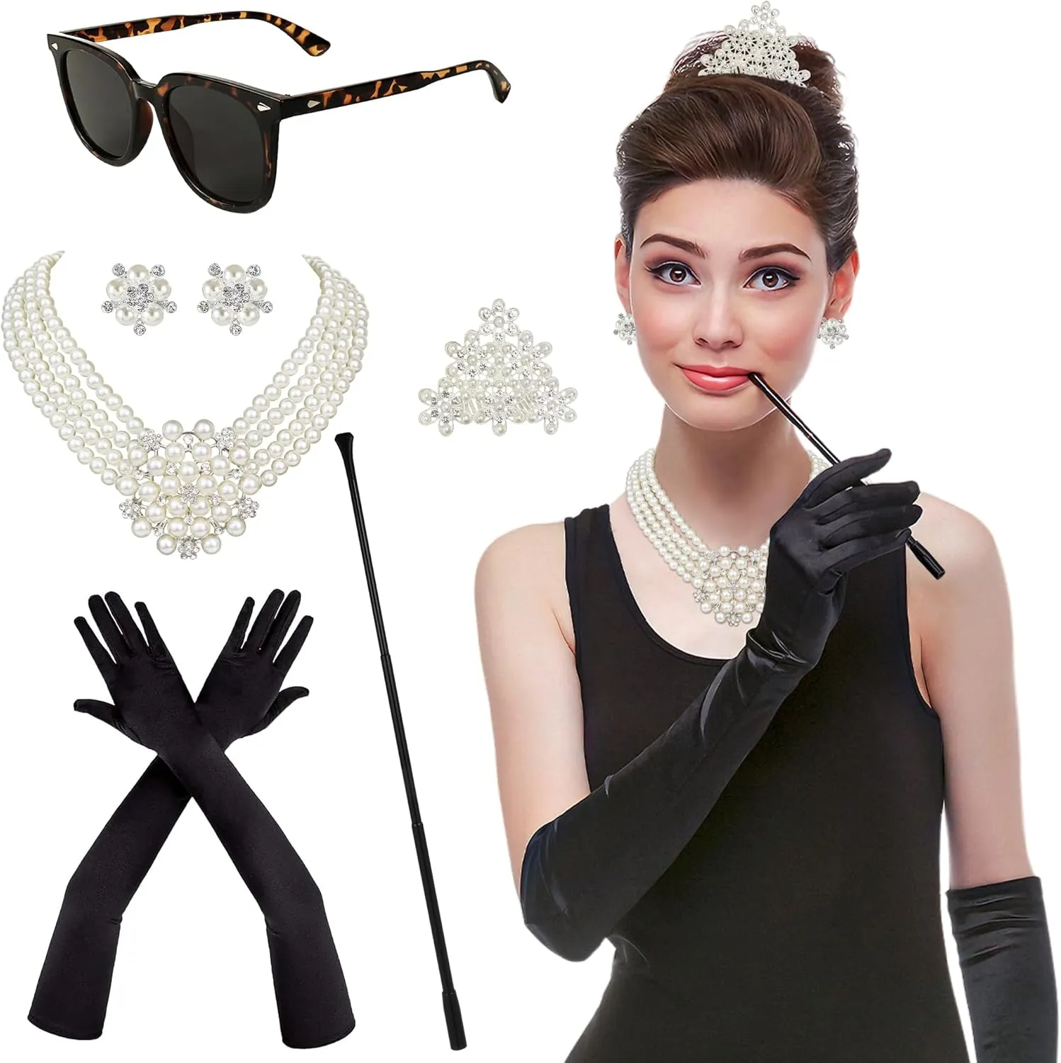 6PCS 1920s Accessories, Holly Golightly Costume 20s Accessories Pearl Necklace Earrings Gloves Sunglasses for Women