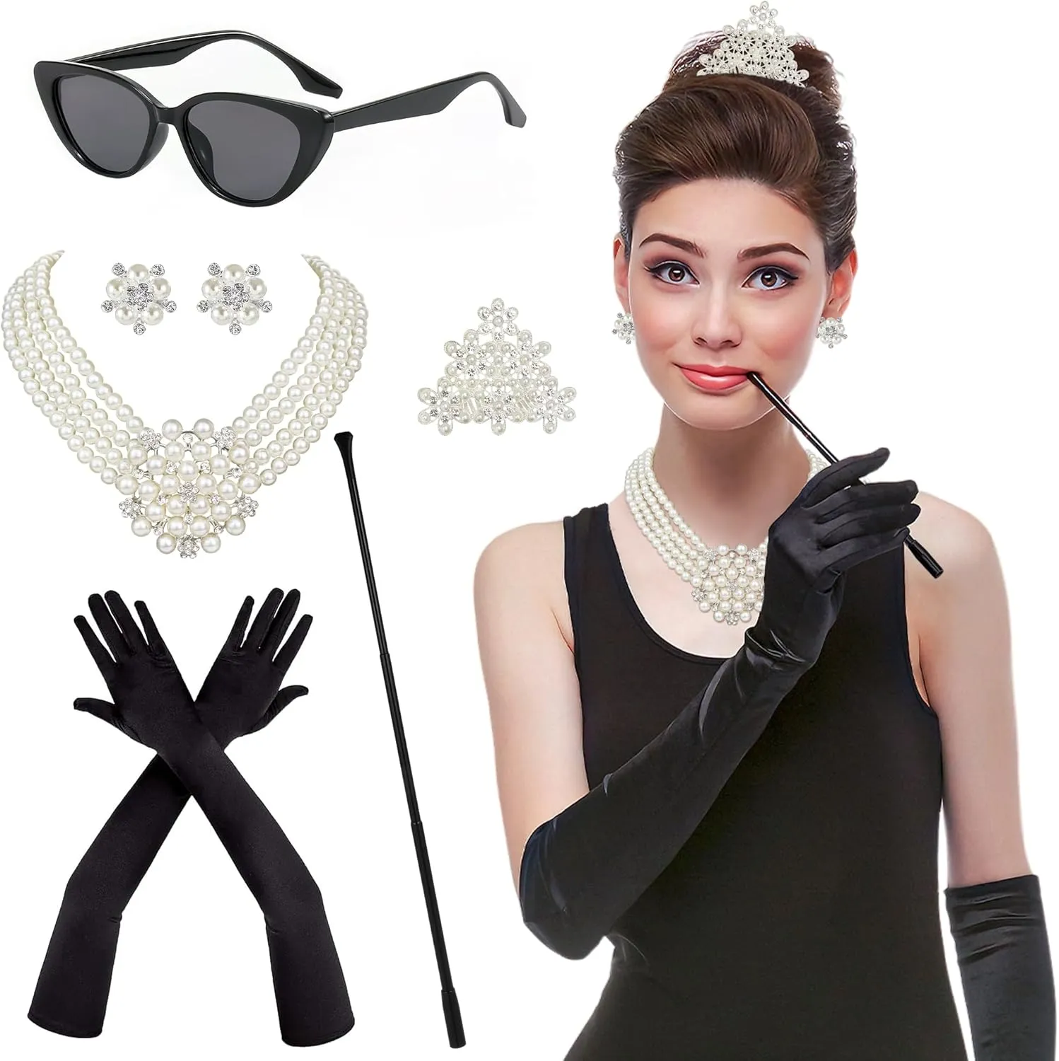 6PCS 1920s Accessories, Holly Golightly Costume 20s Accessories Pearl Necklace Earrings Gloves Sunglasses for Women