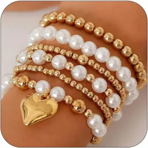 6Pcs Gold Heart Beaded Pearl Bracelets Stackable Set for Women Statement, Dainty Round Ball Beads Stretchable Chain Bracelet Unique Party Jewelry Gifts