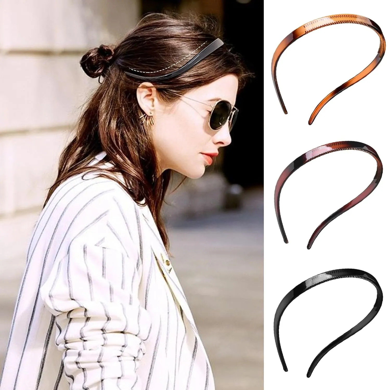 6Pcs Plastic HairBand Designed for Eyewear No Pressure No Headache Comfortable Headbands for Women Fashion Thin Headbands Non Slip (Black, Tortoise,coffee)