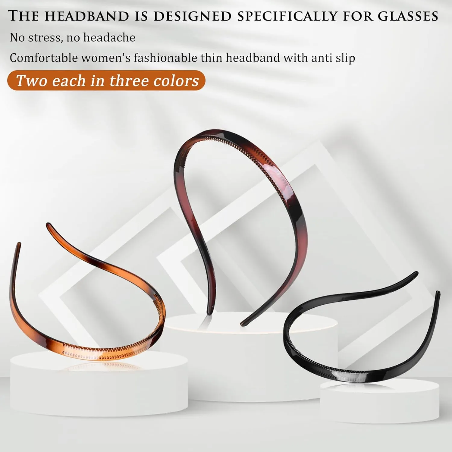 6Pcs Plastic HairBand Designed for Eyewear No Pressure No Headache Comfortable Headbands for Women Fashion Thin Headbands Non Slip (Black, Tortoise,coffee)
