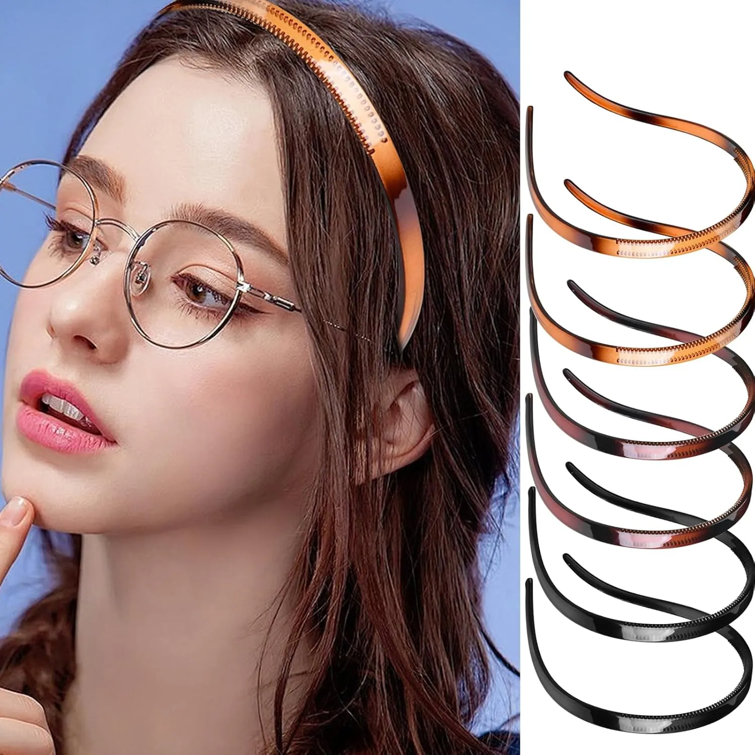 6Pcs Plastic HairBand Designed for Eyewear No Pressure No Headache Comfortable Headbands for Women Fashion Thin Headbands Non Slip (Black, Tortoise,coffee)